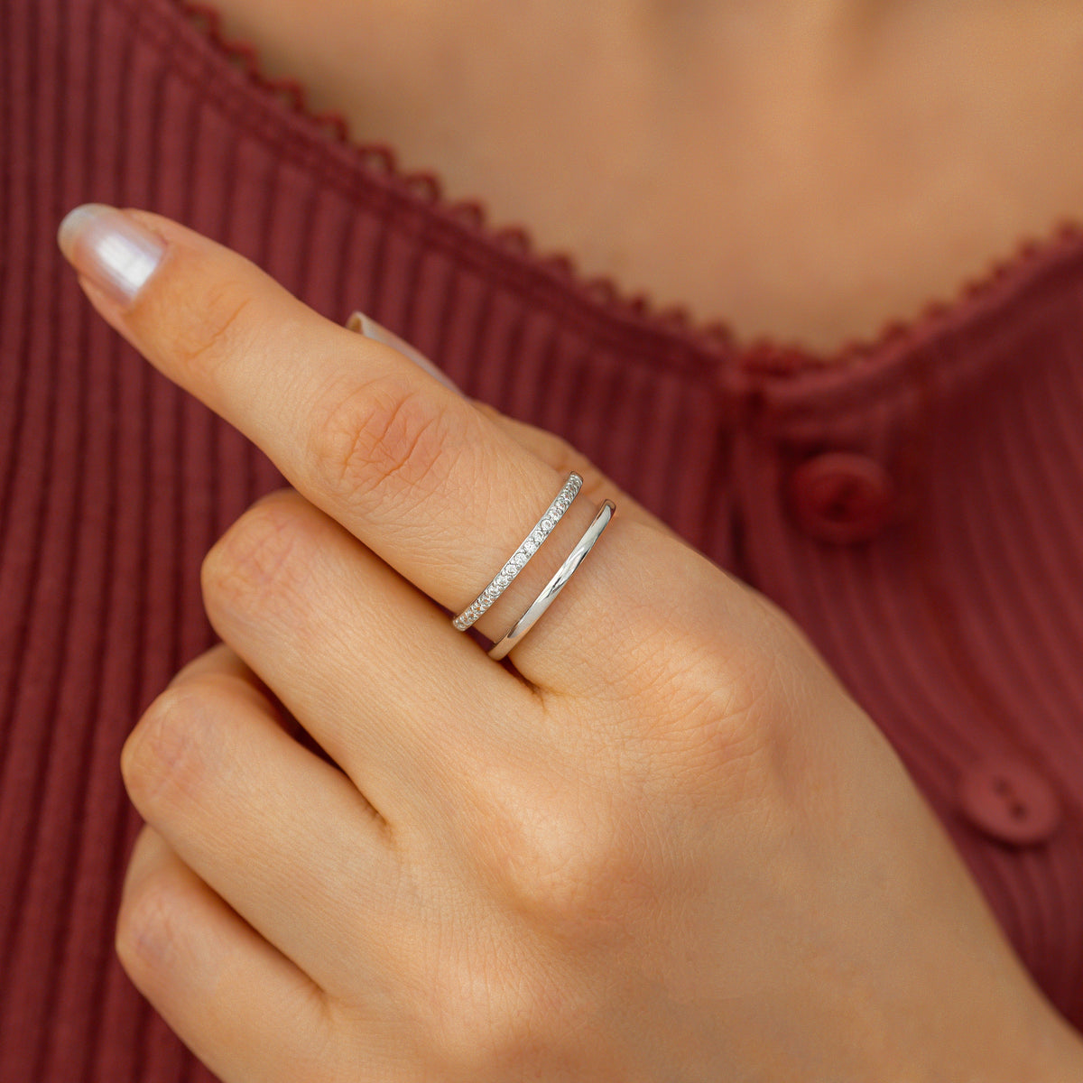 Celeste pavé double band ring worn in silver