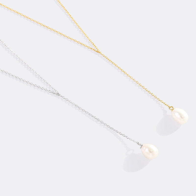 Elowen pearl lariat in gold and silver finishes