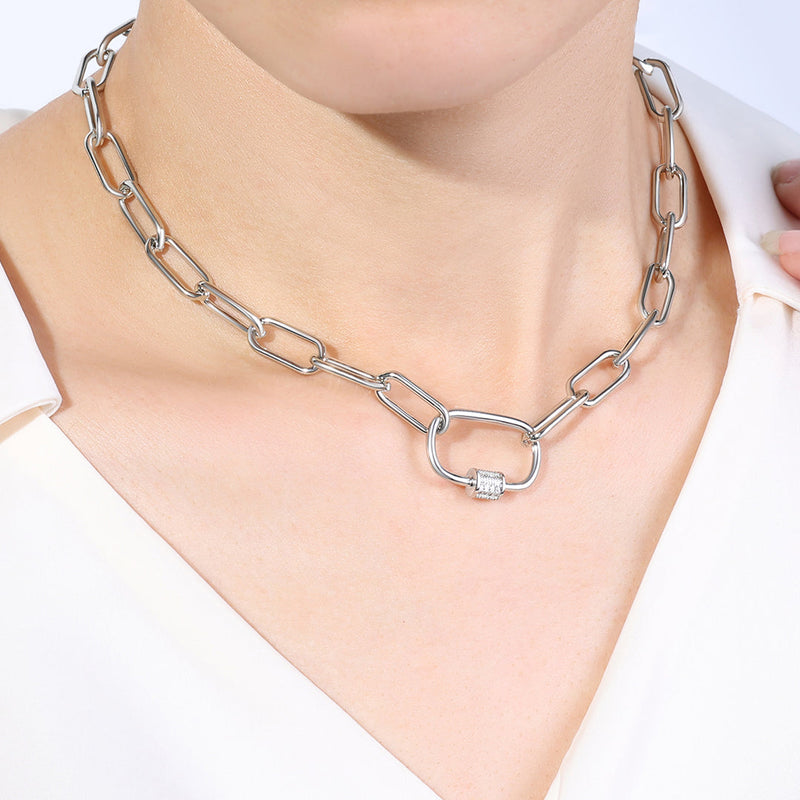 Vela silver-tone carabiner necklace worn on model