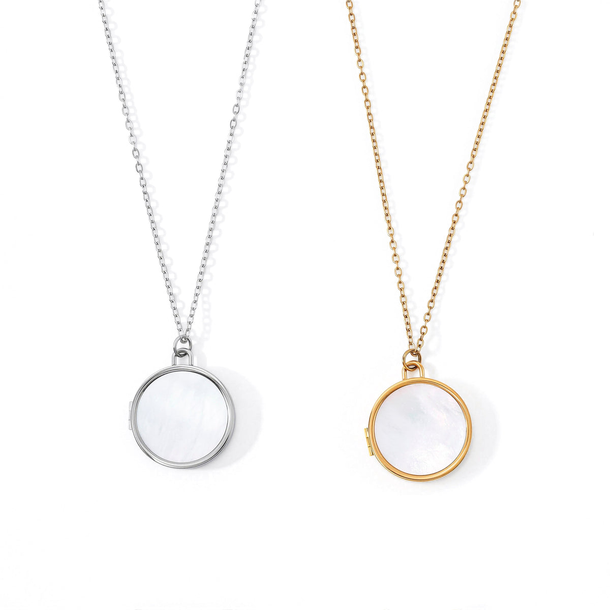 Vesper mother-of-pearl locket gold and silver finishes